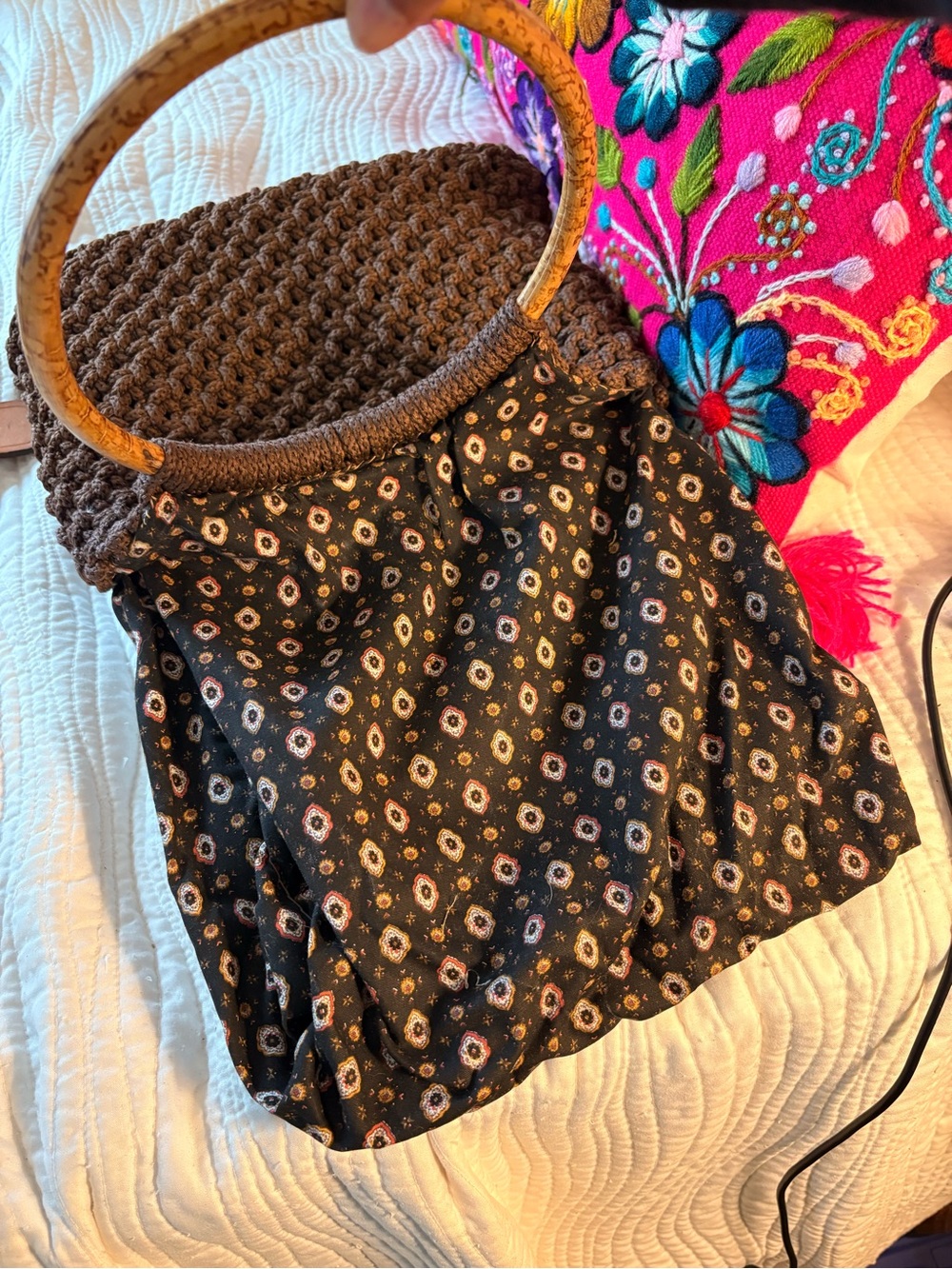 Handcrafted Brown Crochet Tote with Bamboo Ring Handles - Picture 2 of 3